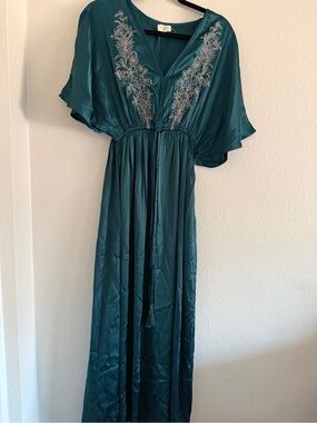 World Market Maxi Dress Satin Emerald Green S/M Boho